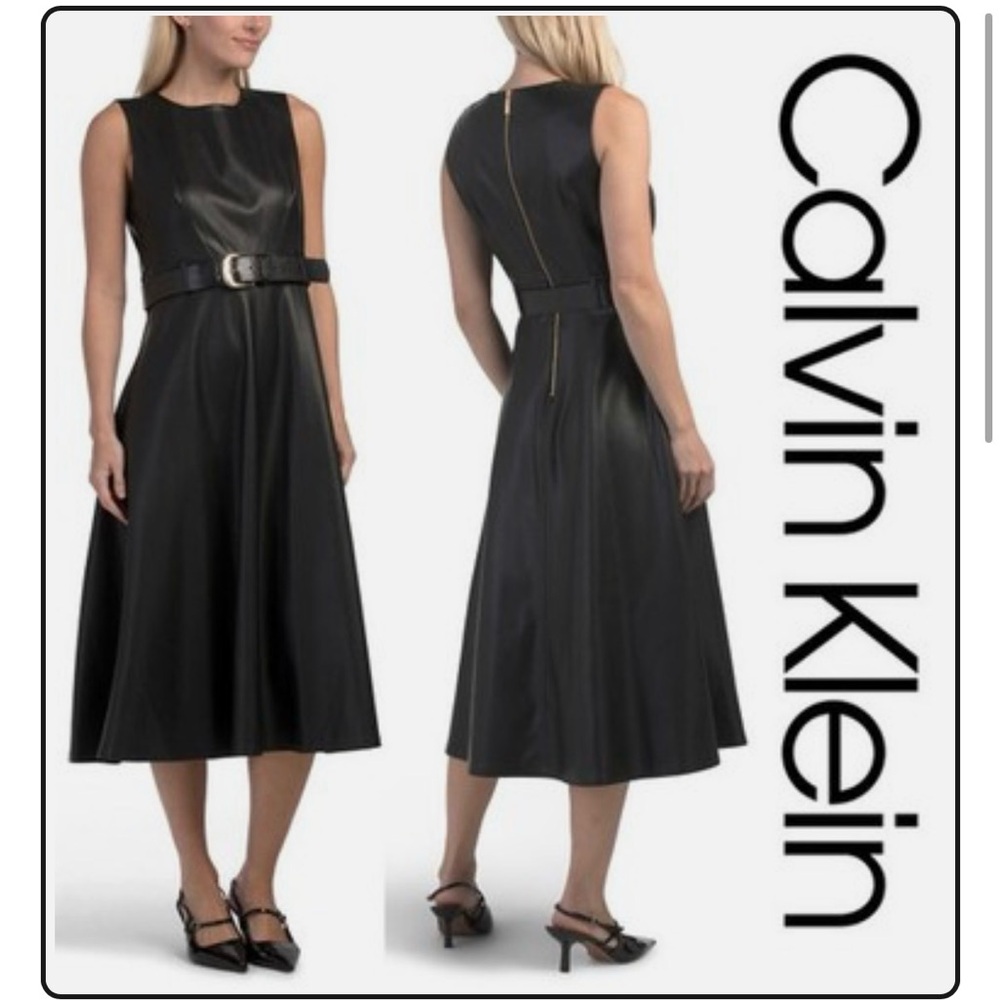 Calvin Klein Black Faux Leather Belted Midi Dress. NWT